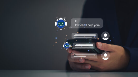 AI Chatbot intelligent digital business service application concept, computer mobile application uses artificial intelligence chatbots automatically respond online messages to help customers instantly